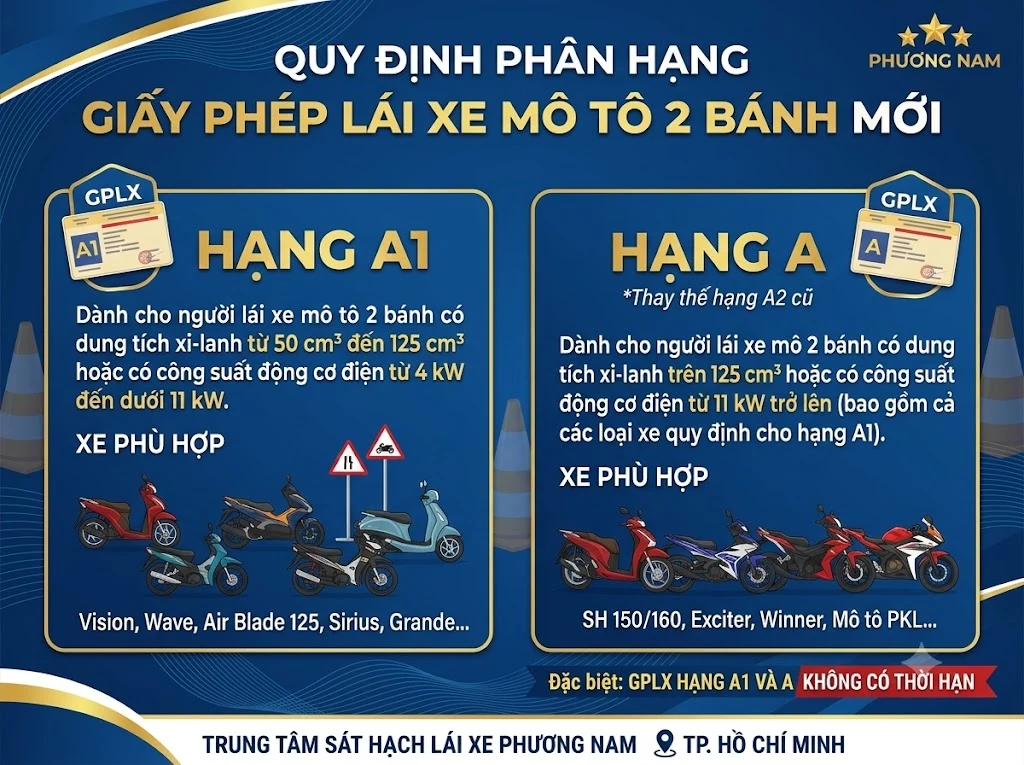 QUY ĐỊNH PHÂN HẠNG BẰNG LÁI MÔ TÔ 2 BÁNH
